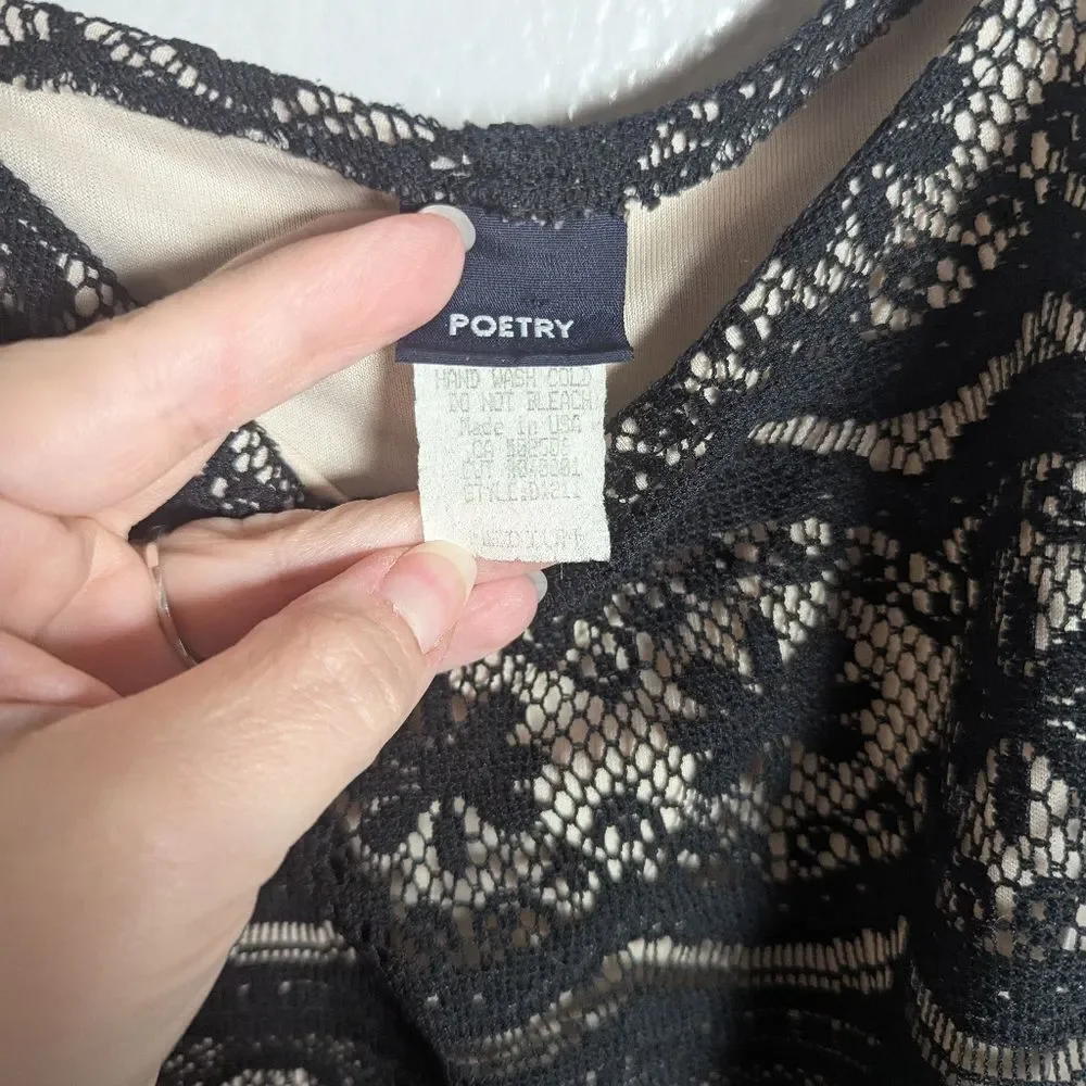 Vintage 90s Poetry Black & Nude Lace Crochet Overlay Slip Mini Dress Juniors M